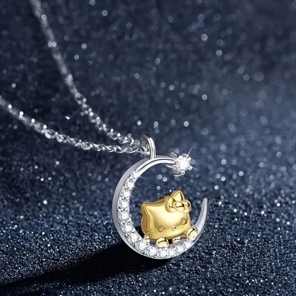 925Silver Hello Kitty Moon Necklace, Crescent Moon Hello Kitty Necklace - Picture 4 of 8